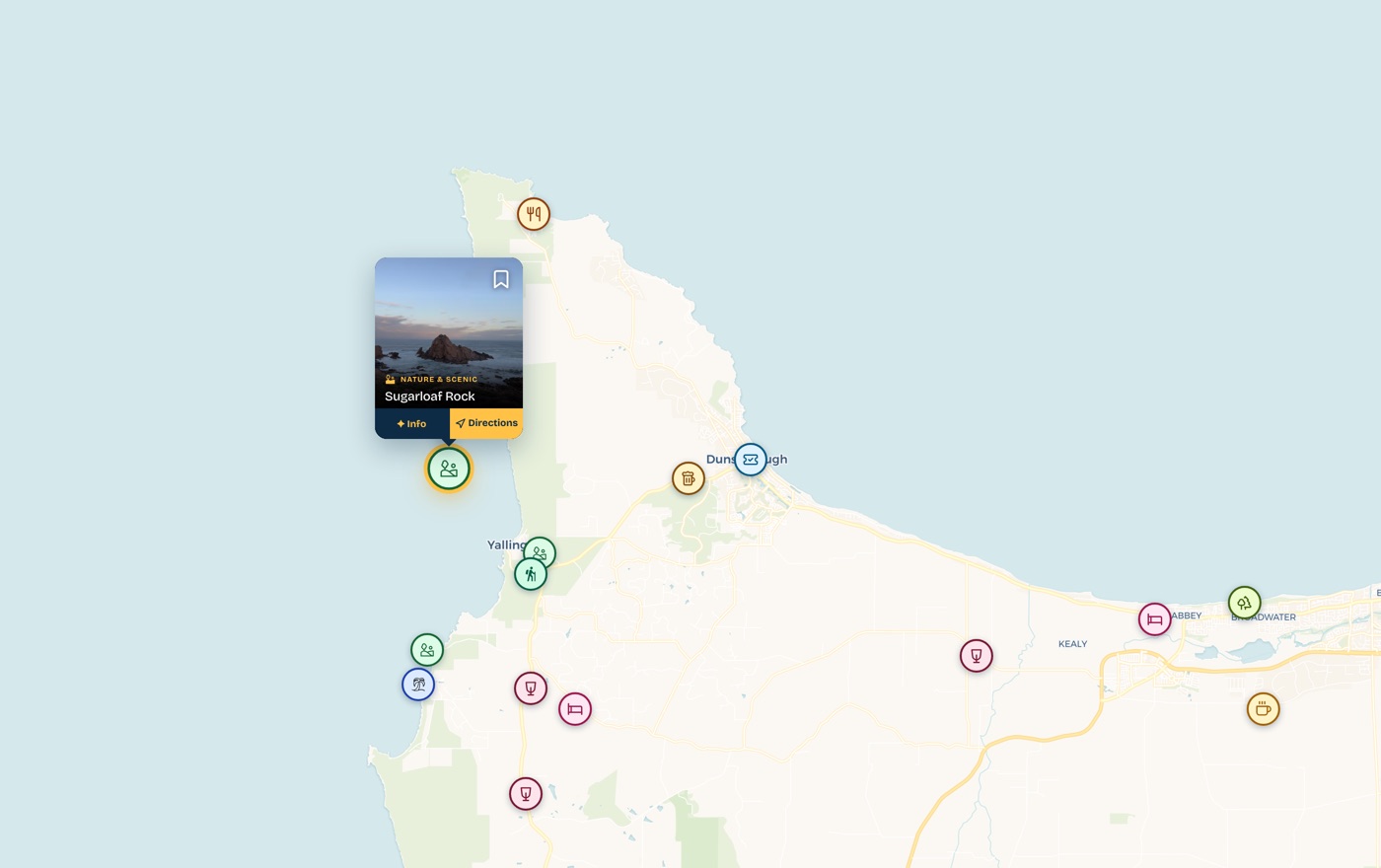 Sugarloaf Rock selected on the map, its photo card open beside nearby places
