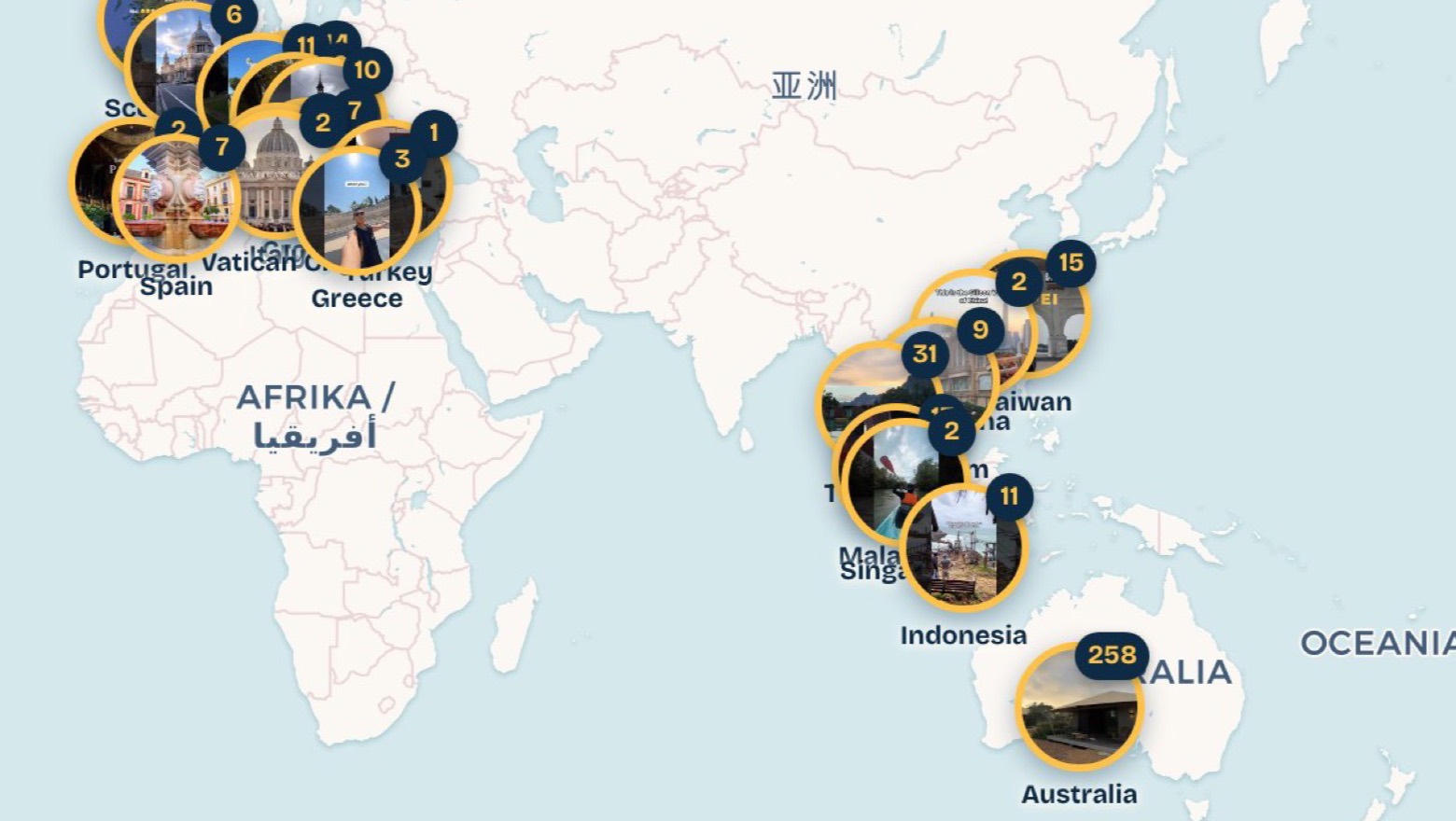 The same map zoomed out, grouped by country
